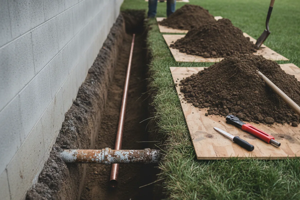 Excavated water line trench during Water Softener Installation in Munster